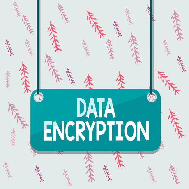 Handwriting text Data Encryption. Concept meaning Symmetrickey algorithm for the encrypting electronic data Board color background plank attached string panel rectangle empty surface. - Photo, Image