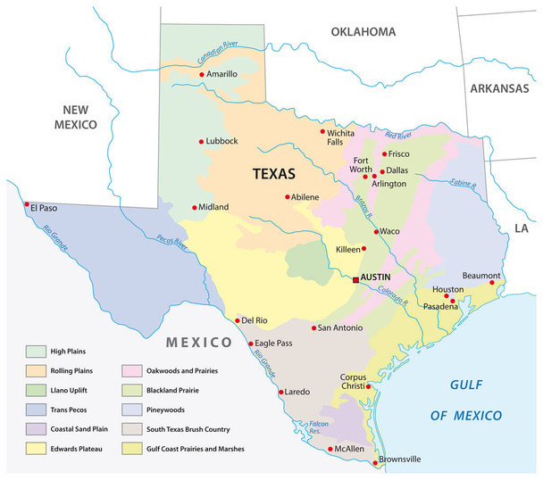 テキサス州の物理的領域のベクトルマップ - ベクター画像