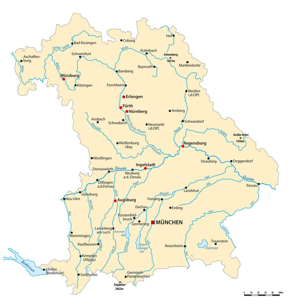 Vector map of the state of Bavaria with major cities, Germany - Vector, Image