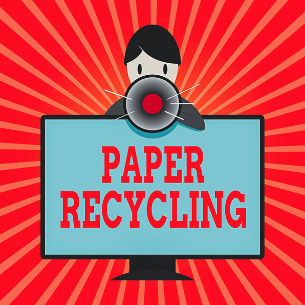 Conceptual hand writing showing Paper Recycling. Business photo showcasing Using the waste papers in a new way by recycling them Man Behind mounted PC Monitor Talking and Holding Megaphone. - Photo, Image