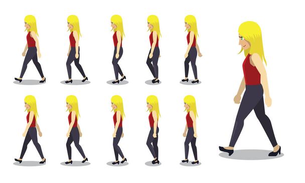 漫画シーケンス黄色の髪の女性ウォーキングベクトル - ベクター画像