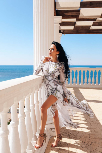 fashion outdoor photo of beautiful sensual woman with dark hair in luxurious outfit and accessories - Zdjęcie, obraz