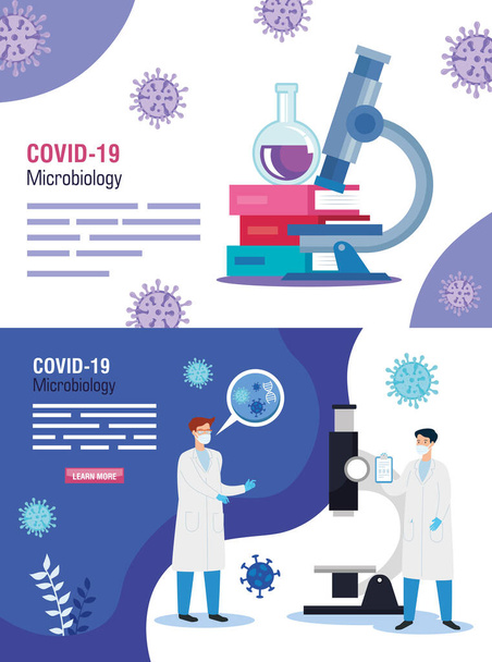 αφίσα της μικροβιολογίας για το covid 19 και ιατρικά εικονίδια - Διάνυσμα, εικόνα