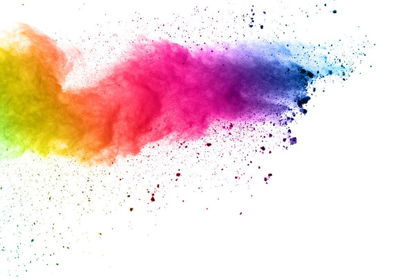 Explosión colorida del polvo en fondo blanco. Salpicaduras de partículas de polvo de color pastel
. - Foto, Imagen