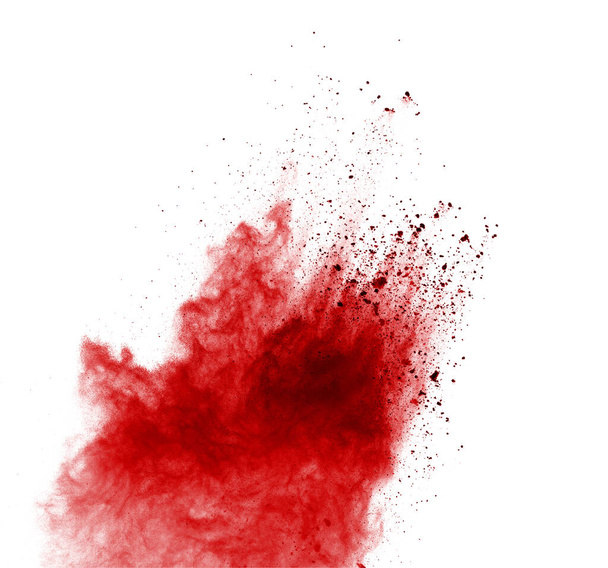 Red powder explosion on white background. Colored cloud. Colorful dust explode. Paint Holi. - Photo, Image