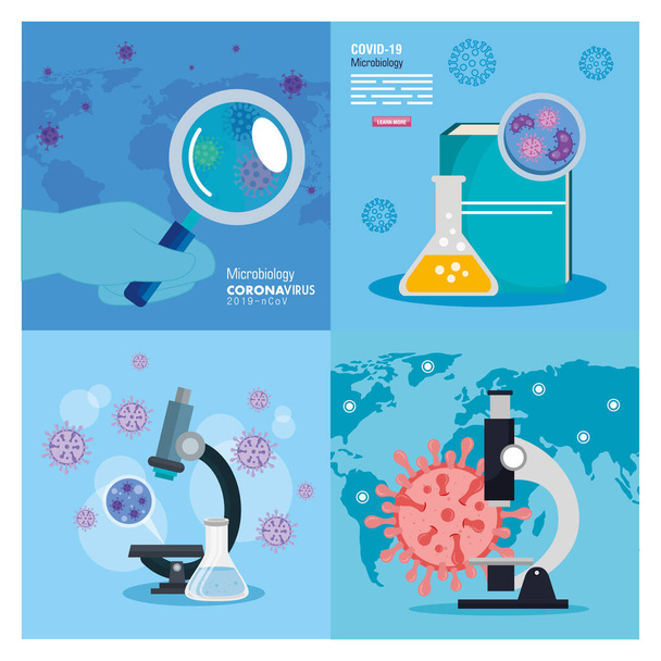 αφίσα της μικροβιολογίας για το covid 19 και ιατρικά εικονίδια - Διάνυσμα, εικόνα