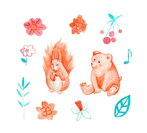 Υδατογραφία σύνολο χαριτωμένο σκίουροι, αρκούδα, λουλούδια και μούρα. Ζώα του δάσους σε απαλές αποχρώσεις. Clip τέχνη animalistic απεικονίσεις χέρι που σε ένα λευκό απομονωμένο φόντο. Σχεδιασμός για συσκευασία, κάρτα. - Φωτογραφία, εικόνα