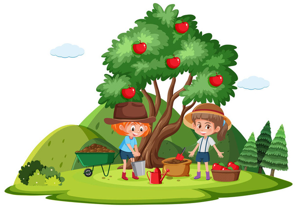 Farm scene with two girls picing apples illustration - Διάνυσμα, εικόνα