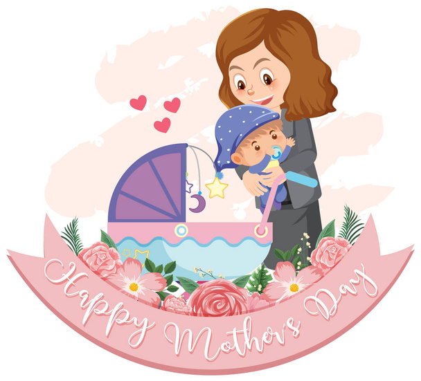 Modello di design per la festa della mamma felice con la mamma e illustrazione del bambino - Vettoriali, immagini