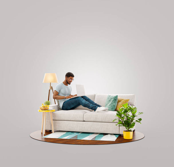 Businessman working on laptop computer sitting on a couch at his home office. Studying, freelance and home office concept. Unusual 3d illustration - Photo, image