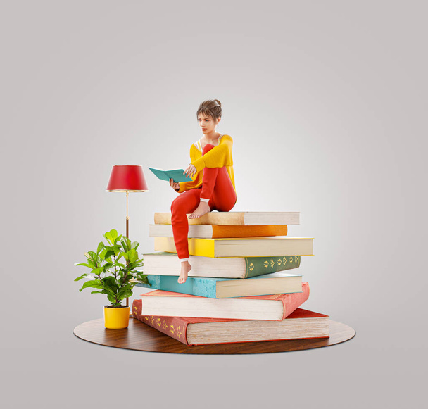 Pretty female reads sitting on a stack of books. Reading and education concept. Unusual 3d illustration - Fotoğraf, Görsel
