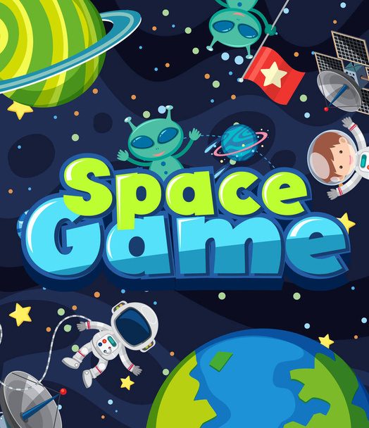 Σχεδιασμός αφίσας για διαστημικό παιχνίδι με αλλοδαπός και αστροναύτης στο διάστημα εικονογράφηση - Διάνυσμα, εικόνα