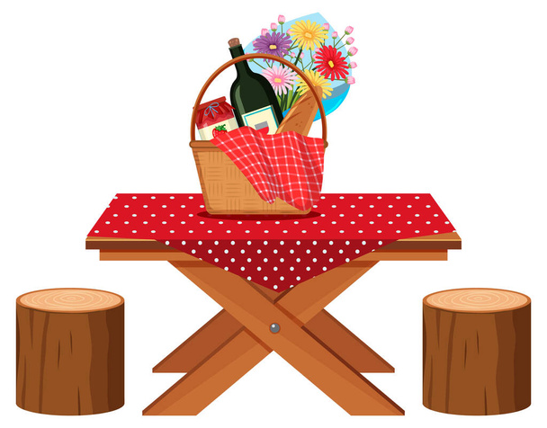 Tavolo da picnic con cesto di cibo e bevande su di esso illustrazione
 - Vettoriali, immagini