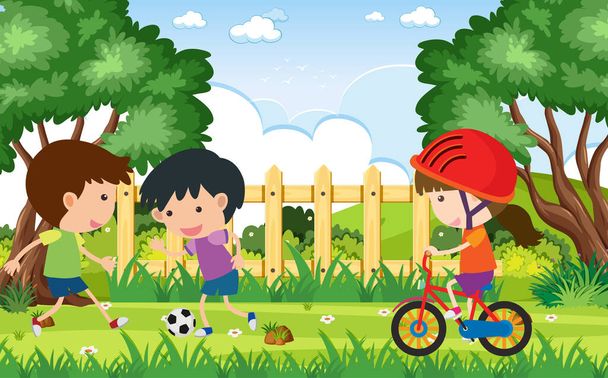公園のイラストで遊んでいる子供たちとの背景シーン - ベクター画像