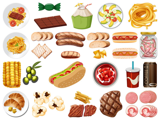 Large set of food and desserts on white background illustration - Vector, Image
