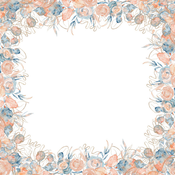 Watercolor floral frame with pink and blue peony leaves and gold corals - Photo, image