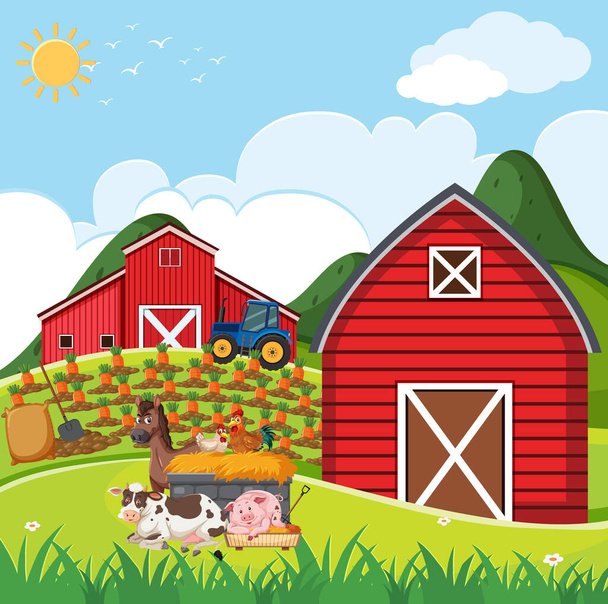 Granja escena con muchos animales en la granja ilustración - Vector, Imagen