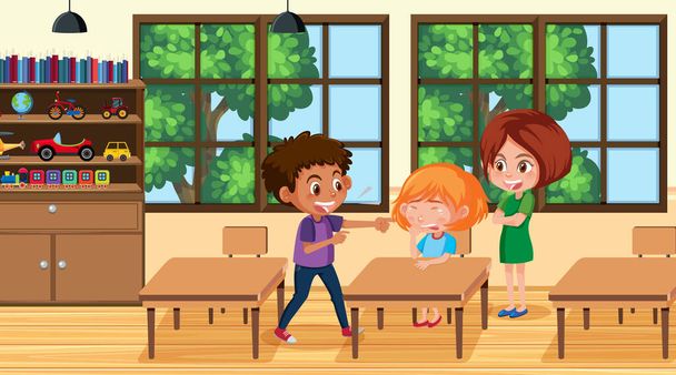 Cena com criança intimidando seu amigo na ilustração da sala de aula
 - Vetor, Imagem