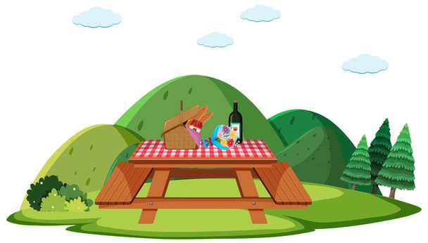 Escena de picnic con comida en la mesa ilustración
 - Vector, imagen