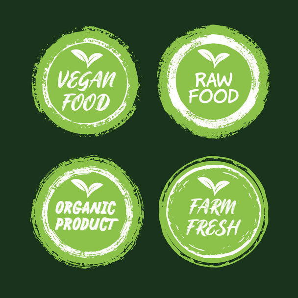 Vegane gesunde Ökologie Bio Emblem Logo Design Schriftzug Abzeichen mit frischen grünen Blättern und Grunge Circles Icon Label Aufkleber Design - Vektor, Bild