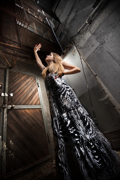 szőke nő ruha ellen nagy épület kézi emelő - Fotó, kép