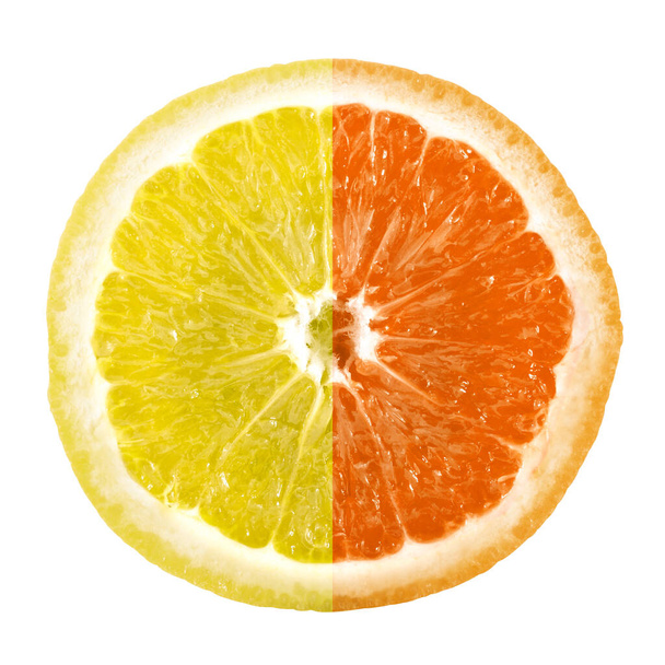Μισή φέτα λεμόνι, μισή φέτα πορτοκάλι. Εσπεριδοειδή. Μείγμα λεμονιού και πορτοκαλιού.  - Φωτογραφία, εικόνα