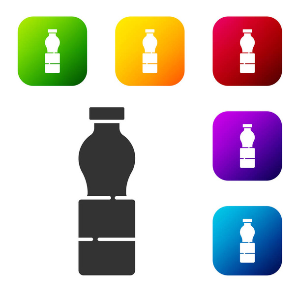 Μαύρο μπουκάλι νερό εικονίδιο απομονώνονται σε λευκό φόντο. Πινακίδα αναψυκτικού. Ορισμός εικονιδίων σε χρωματιστά τετράγωνα κουμπιά. Εικονογράφηση διανύσματος - Διάνυσμα, εικόνα