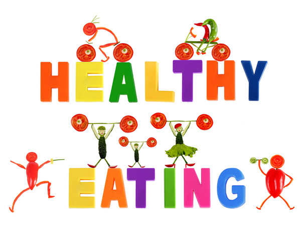 Alimentación saludable. Pequeñas personas divertidas hechas de verduras y frutas
. - Foto, imagen