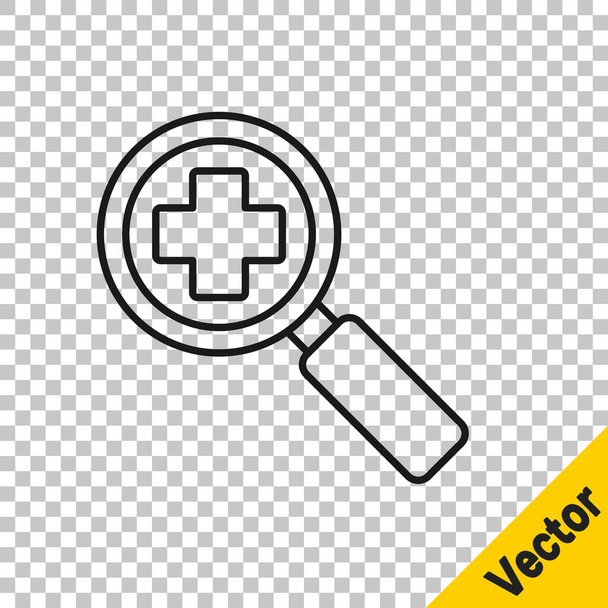 Černá čára Lupa pro vyhledání lékařské ikony izolované na průhledném pozadí. Nemocniční prohlídka. Vektorová ilustrace - Vektor, obrázek