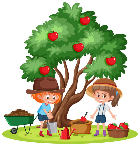 Two girls picking up apples on the farm illustration - Вектор,изображение