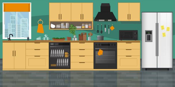 Modern kitchen Interior, with furniture. Flat style vector illustration. Cozy home interior style. - Vector, Image