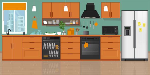 Modern kitchen Interior, with furniture. Flat style vector illustration. Cozy home interior style. - Vector, Image
