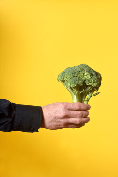 hand holding a broccoli on yellow background - Foto, Bild