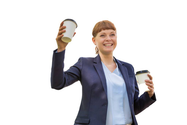 Young beautiful businesswoman holding two cups of coffee isolated on white - Фото, зображення