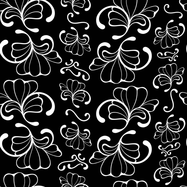 Nahtloses schwarz-weiß farbiges Ziermuster mit Kleeblatt-Ornament und stilisierten Blättern und Locken - Foto, Bild