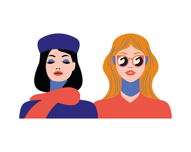 beautiful women couple fashion style characters - Vector, Image