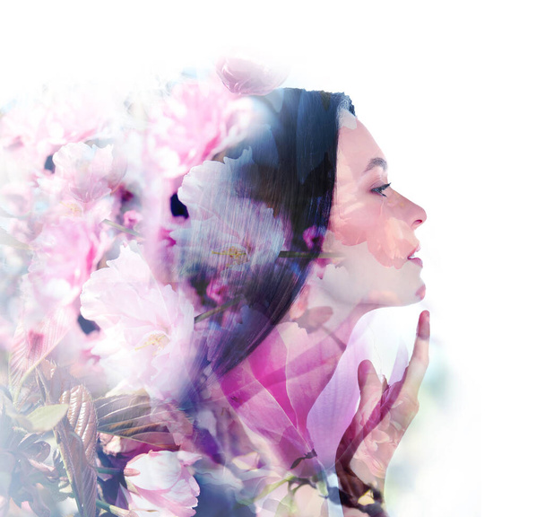 Double exposure of beautiful woman and blooming flowers - Fotó, kép