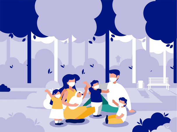 Family with masks at park vector design - Vector, Image