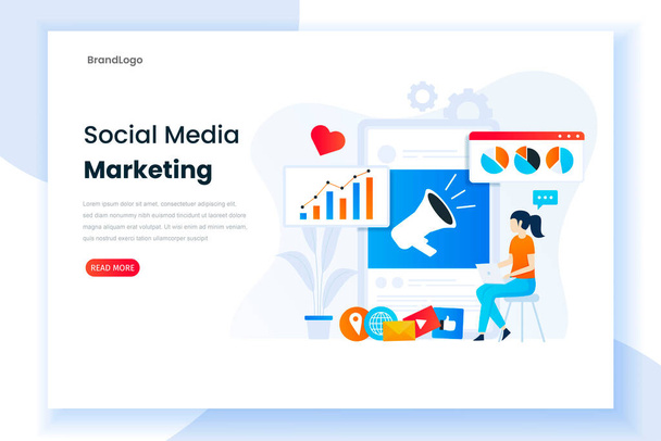 ソーシャルメディアマーケティングアナリストランディングページテンプレートのイラスト。現代のフラットデザインコンセプトビジネスマーケティング戦略、ウェブページ、モバイルアプリケーション、ポスター、バナーのビジネス分析 - ベクター画像