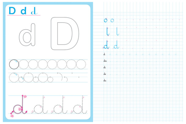 Pisanie alfabetu ćwiczenia liter, zajęcia szkolne dla dzieci, jak pisać litery alfabetu - Wektor, obraz