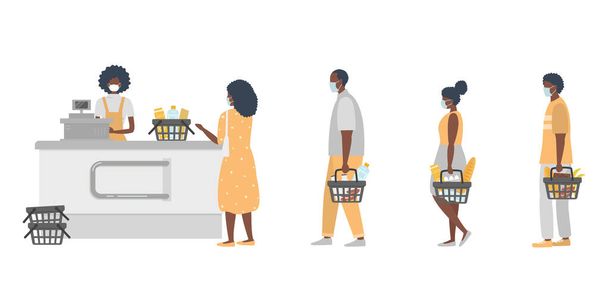 Supermarket during the coronavirus epidemic. Supermarket cashier in medical mask. Buyers wearing antivirus masks keep their distance in line to stay safe. Black people have food baskets in their hands - Vector, Image