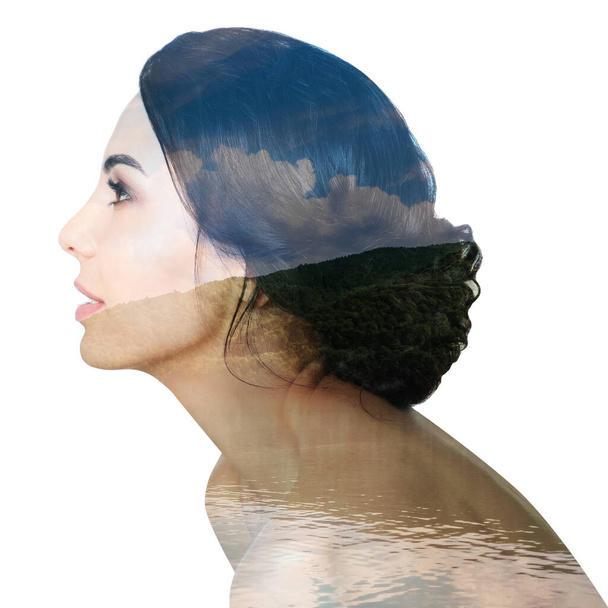 Picturesque landscape and beautiful woman on white background. Double exposure - Foto, imagen