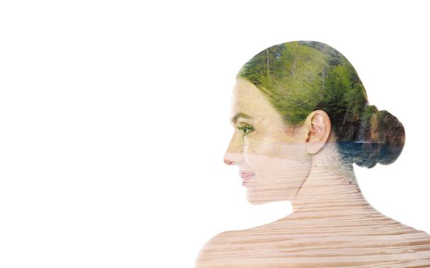 Picturesque waterfall and beautiful woman on white background, space for text. Double exposure - 写真・画像