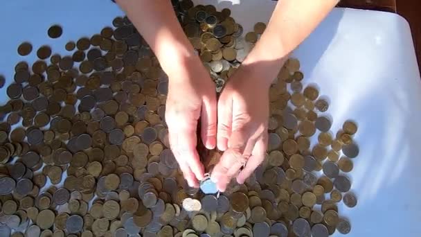 Persoon twee handen harkt munten op tafel en giet morst van handvol naar oppervlakte - Video