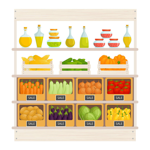 Stand for the sale of food. Farm stall with fresh vegetables and fruits. Vector illustration. - Vettoriali, immagini