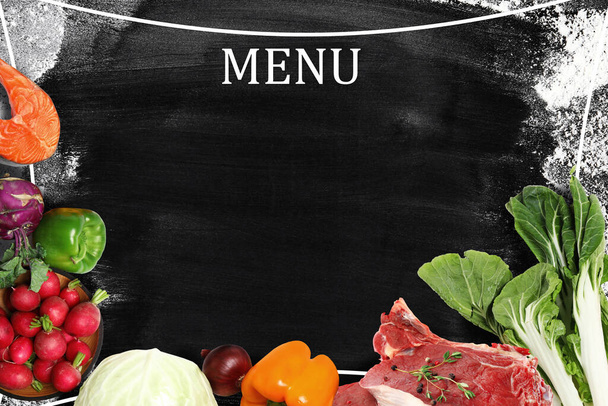 Design of menu with black board and different products, space for text - Fotoğraf, Görsel