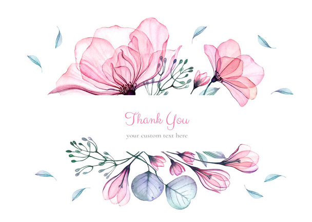 Watercolor floral card template. Bouquet with big pink roses, turquoise leaves. Thank you custom text. Isolated hand drawn illustration with abstract background for logo, wedding stationery - Photo, Image