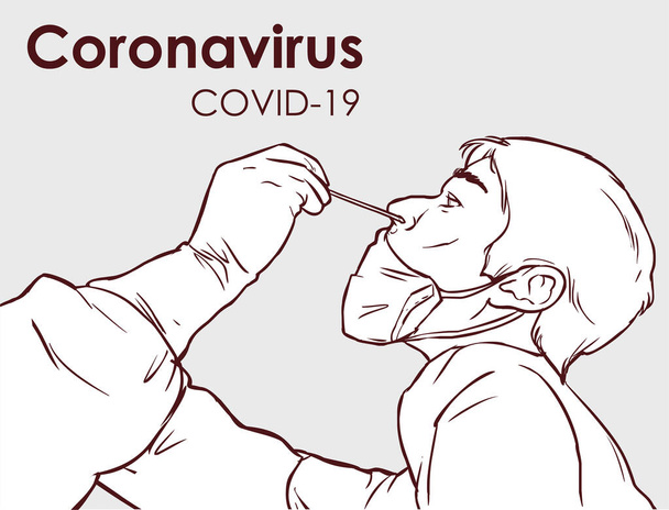 Coronavirus COVID-19 diagnostiikka. Lääkäri yllään täysi antiviraalinen suojavarusteita tehdä nenänäytteen testi potilaalle. varaston kuvaus
 - Vektori, kuva