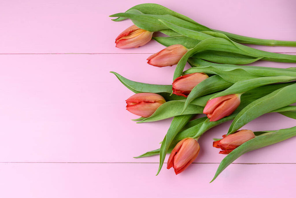 Vista lateral de siete pequeñas flores de tulipán rojo vivo y hojas verdes aisladas en la mesa de madera pintada de color rosa claro, hermoso fondo floral interior fotografiado con pequeño enfoque
 - Foto, Imagen