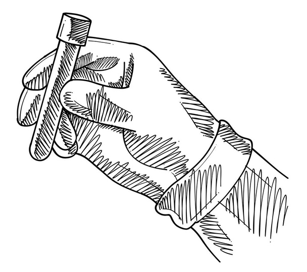 Black and white drawing of researcher hand holding test tube - Вектор,изображение